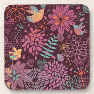 Abstract floral pattern with birds coaster