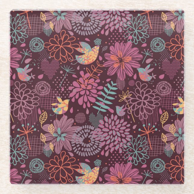 Abstract floral pattern with birds glass coaster (Front)
