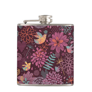 Abstract floral pattern with birds hip flask