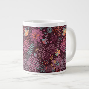 Abstract floral pattern with birds large coffee mug