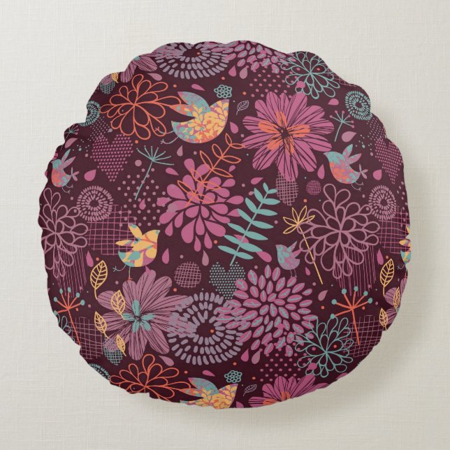 Abstract floral pattern with birds round cushion (Front)
