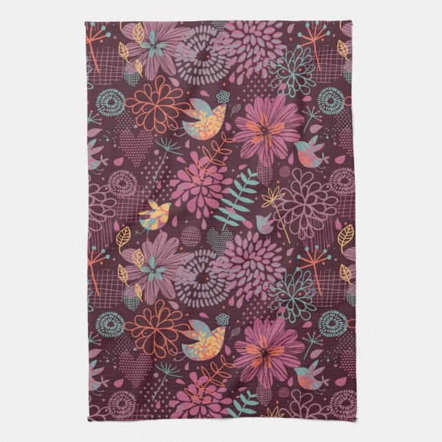 Abstract floral pattern with birds tea towel (Vertical)