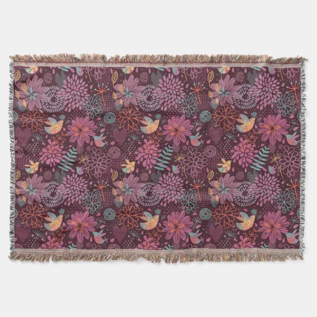 Abstract floral pattern with birds throw blanket (Front)