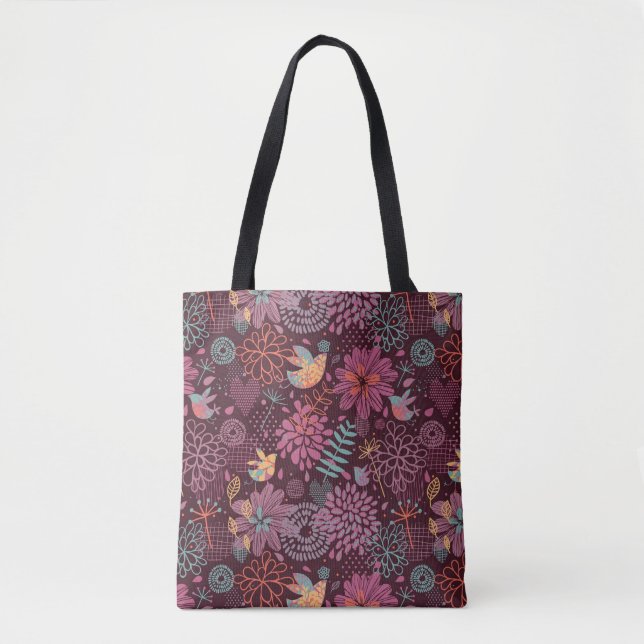 Abstract floral pattern with birds tote bag (Front)