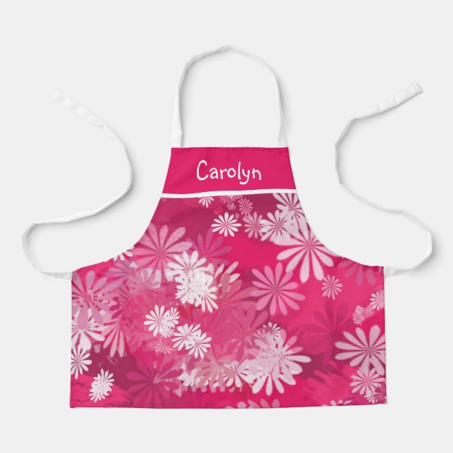 Abstract floral pink and white, personalised girls apron (Front)