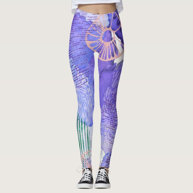 Abstract floral printed purple leggings  (Front)