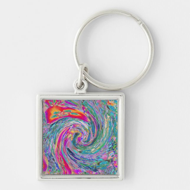 Abstract Floral Psychedelic Rainbow Waves of Colou Key Ring (Front)