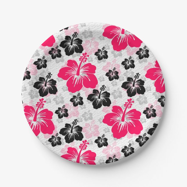 Abstract Floral Red Black White Paper Plate (Front)