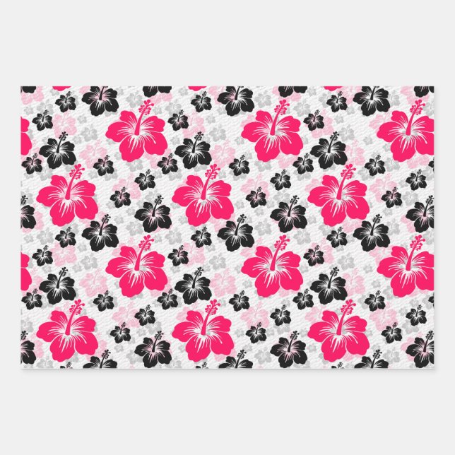 Abstract Floral Red Black White Wrapping Paper Sheet (Front)