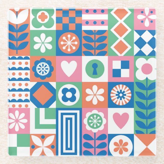 Abstract Floral: Scandinavian Folk Design. Glass Coaster (Front)