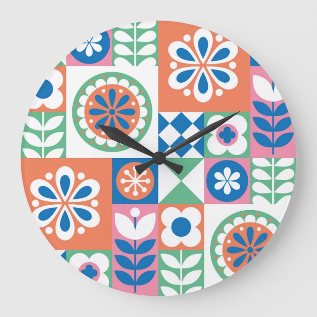 Abstract Floral, Scandinavian Folk Design. Large Clock (Front)