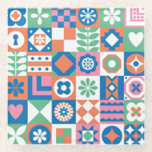 Abstract Floral Scandinavian Folk Pattern Glass Coaster