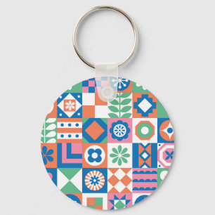 Abstract Floral Scandinavian Folk Pattern Key Ring