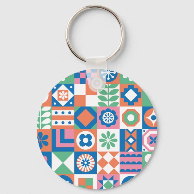 Abstract Floral Scandinavian Folk Pattern Key Ring (Front)
