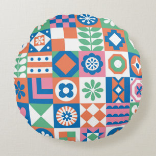 Abstract Floral Scandinavian Folk Pattern Round Cushion