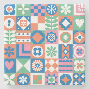 Abstract Floral Scandinavian Folk Pattern Stone Coaster