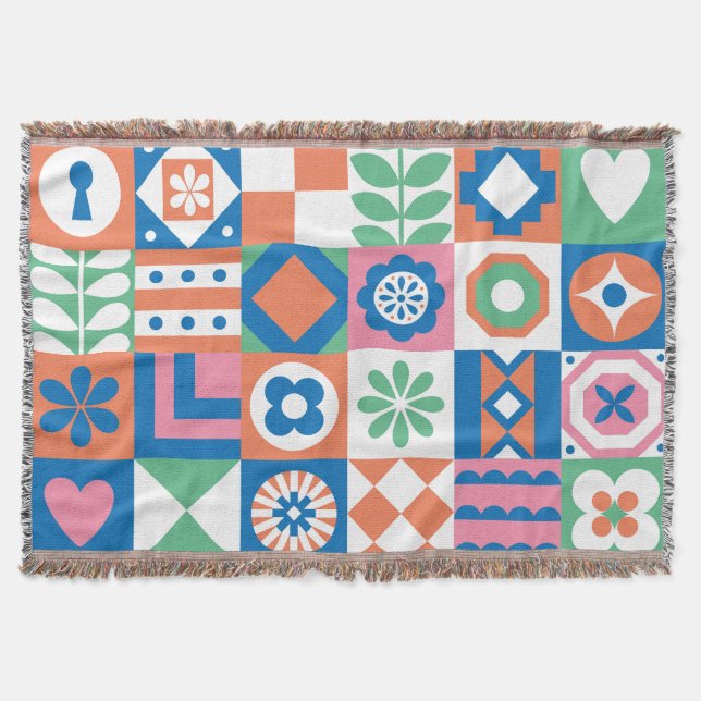 Abstract Floral Scandinavian Folk Pattern Throw Blanket (Front)