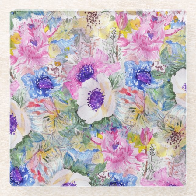 Abstract floral sketch watercolor hand paint glass coaster (Front)
