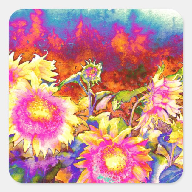 Abstract floral sunflowers watercolor painting square sticker (Front)