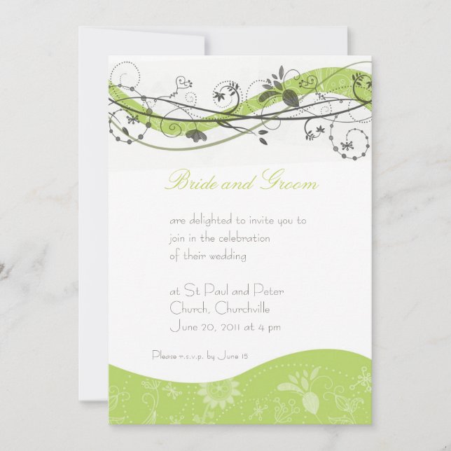 Abstract floral & swirl invitation - green & brown (Front)