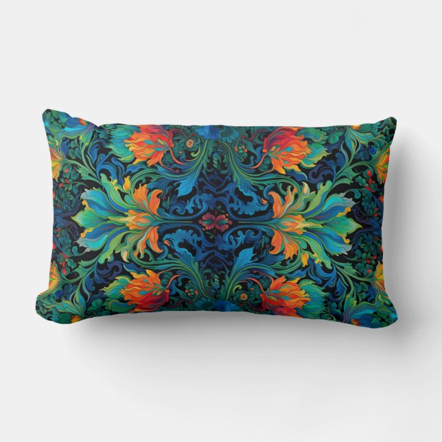 Abstract Floral Swirl Tapestry Bold Vivid Colourfu Lumbar Cushion (Front)