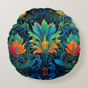 Abstract Floral Swirl Tapestry Bold Vivid Colourfu Round Cushion