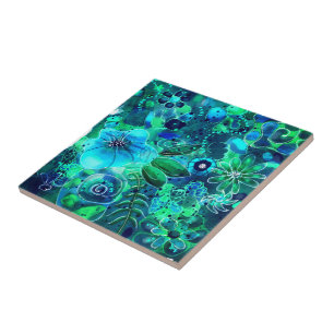 Abstract Floral Teal Blue Green Leaves Flowers Tile