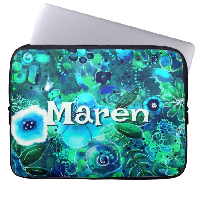 Abstract Floral Teal Blue Green Personalised Laptop Sleeve (Front)