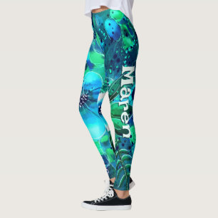 Abstract Floral Teal Blue Green Personalised Leggings