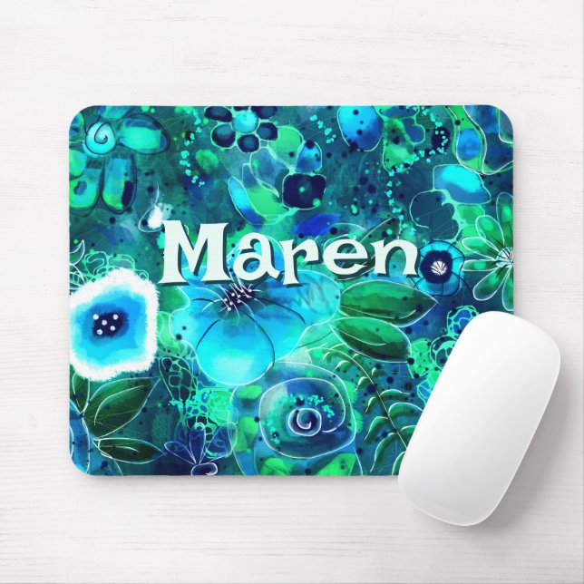 Abstract Floral Teal Blue Green Personalised Mouse Mat (With Mouse)