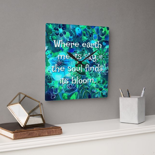 Abstract Floral Teal Blue Green Personalised Square Wall Clock (Office)