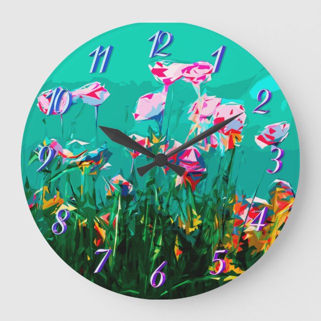 Abstract floral teal pink purple green large clock (Front)