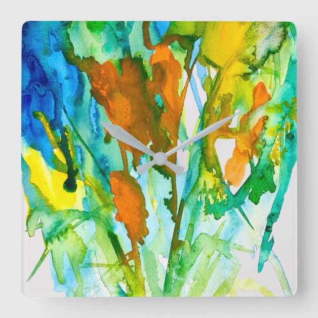 Abstract floral watercolor art square wall clock (Front)