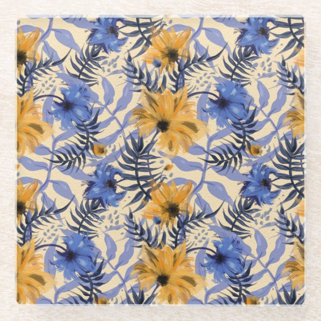 Abstract Floral: Watercolor Modern Pattern Glass Coaster (Front)