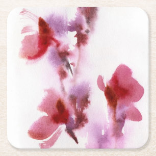 Abstract floral watercolor paintings 3 square paper coaster