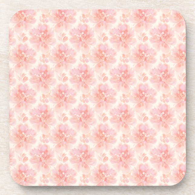 Abstract Floral Watercolor Pattern Peach and Pink Coaster (Front)