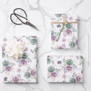 Abstract Floral Watercolor Teal Mauve Beige Wrapping Paper Sheet
