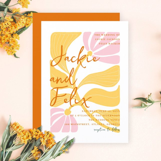 Abstract floral yellow & pink fun colours invitation (Boho Chic Retro Colorful Floral Wedding Invitation)