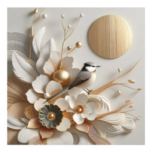 Abstract Florals & Bird with Sun: Gold, White Photo Print