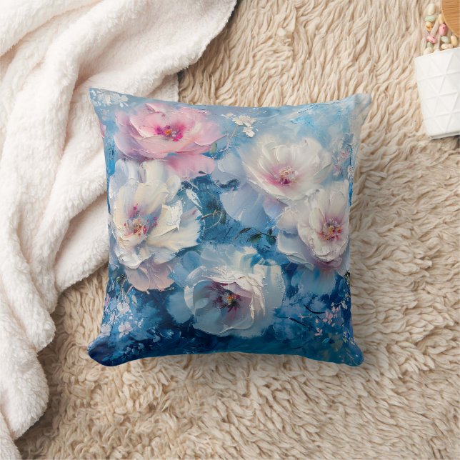 Abstract Florals Pink Blue Oil Painting Cushion (Blanket)