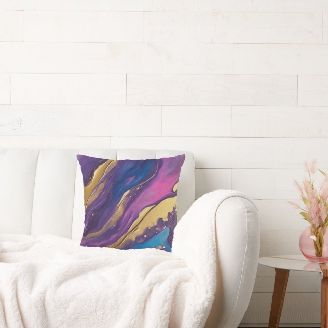 Abstract-Flow Art-Blue Pink Purple and Gold- Cushion (Couch)