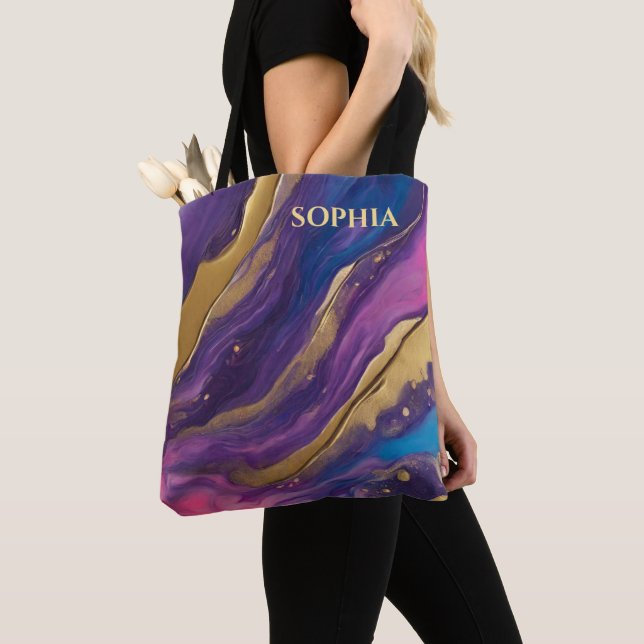 Abstract Flow Art-Blue Purple Pink and Gold- Tote Bag (Close Up)
