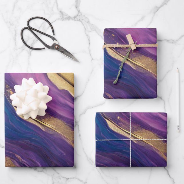 Abstract Flow Art- Blue Purple Pink and Gold- Wrapping Paper Sheet (Front)