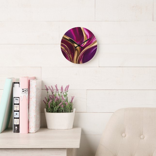 Abstract-Flow Art-Fuchsia Purple and Gold- Round Clock (Reading Room)