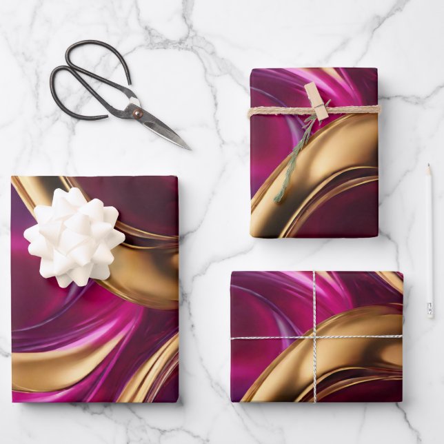 Abstract Flow Art- Fuchsia Purple and Gold- Wrapping Paper Sheet (Front)