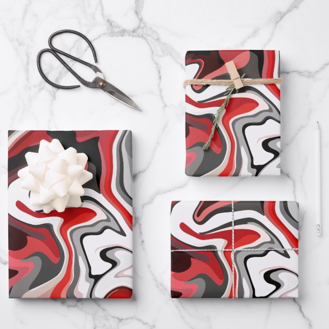 Abstract Flow of Red, black, white & Grey Tones Wrapping Paper Sheet (Front)