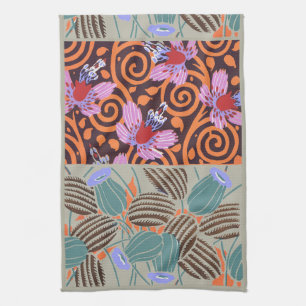 Abstract Flower and Leaf Pattern Art Nouveau Tea Towel