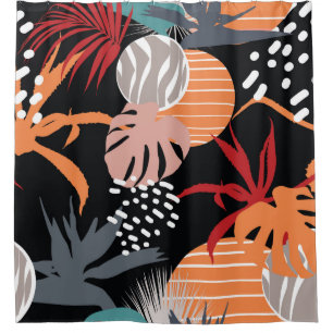 Abstract flower and tropical leaves drawing seamle shower curtain