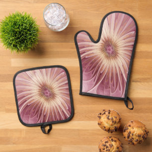 Abstract Flower Fractal Art & Shades of Burgundy Oven Mitt & Pot Holder Set