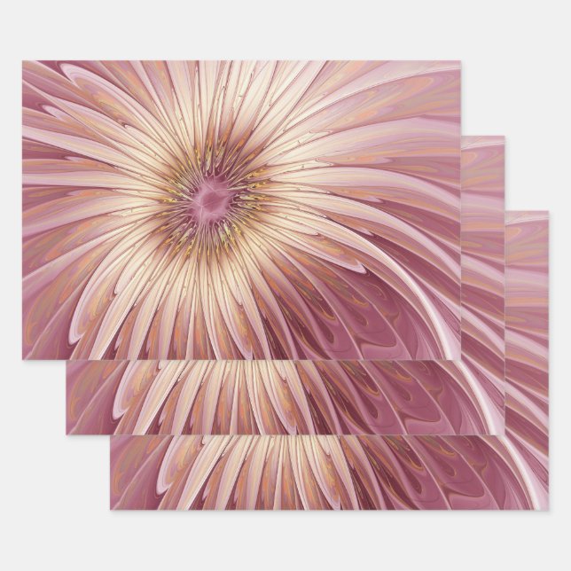 Abstract Flower Fractal Art & Shades of Burgundy Wrapping Paper Sheet (Set)
